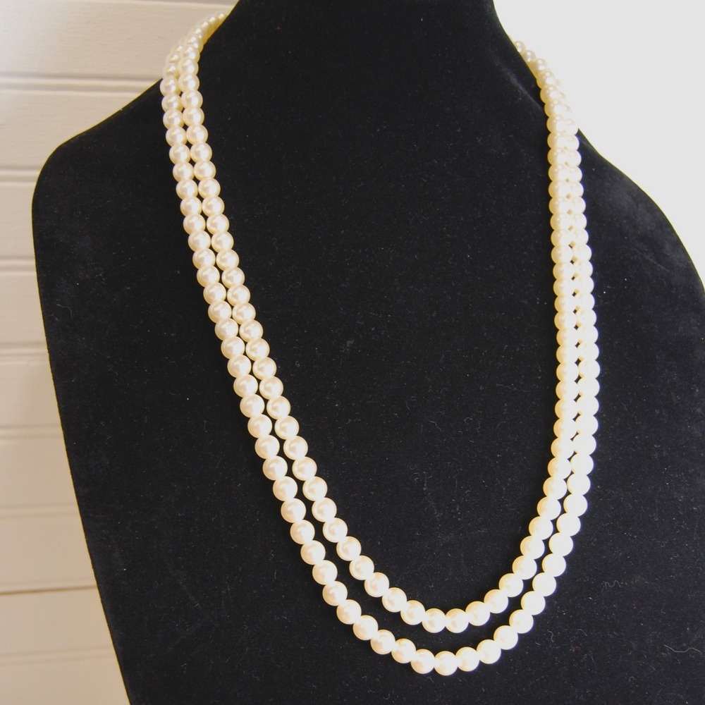 Vintage Faux Pearl necklace 2 strands 26" silver-tone clasp Formal